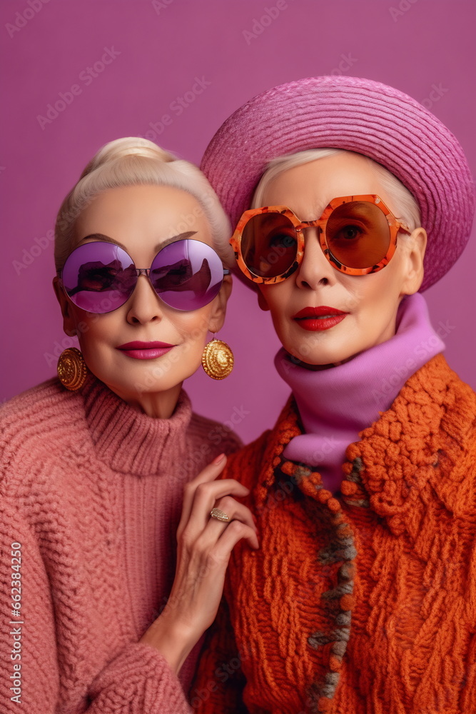 Two older women dressed in pink and wearing sunglasses. In the style of vibrant and textured. Candid moments captured Two older women dressed in pink and wearing sunglasses. In the style of vibrant and textured. Candid moments captured