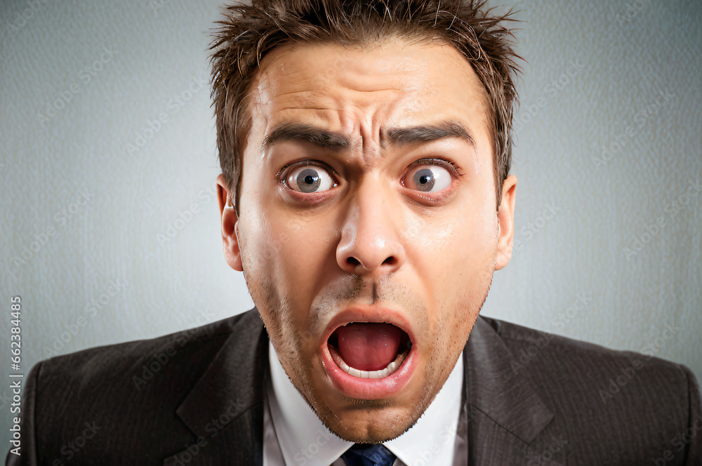 Young man was Surprised and excited, opening eyes and mouth with Bright solid light color background Young man was Surprised and excited, opening eyes and mouth with Bright solid light color background