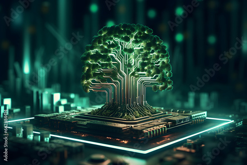Tree growing  from computer circuit board. Concept of green technology and IT ethics.
