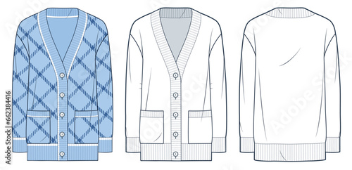 Cardigan Sweater technical fashion illustration, plaid design. Sweatshirt fashion flat technical drawing template, button down, pocket, front, back view, white, blue, women, men, unisex CAD mockup set