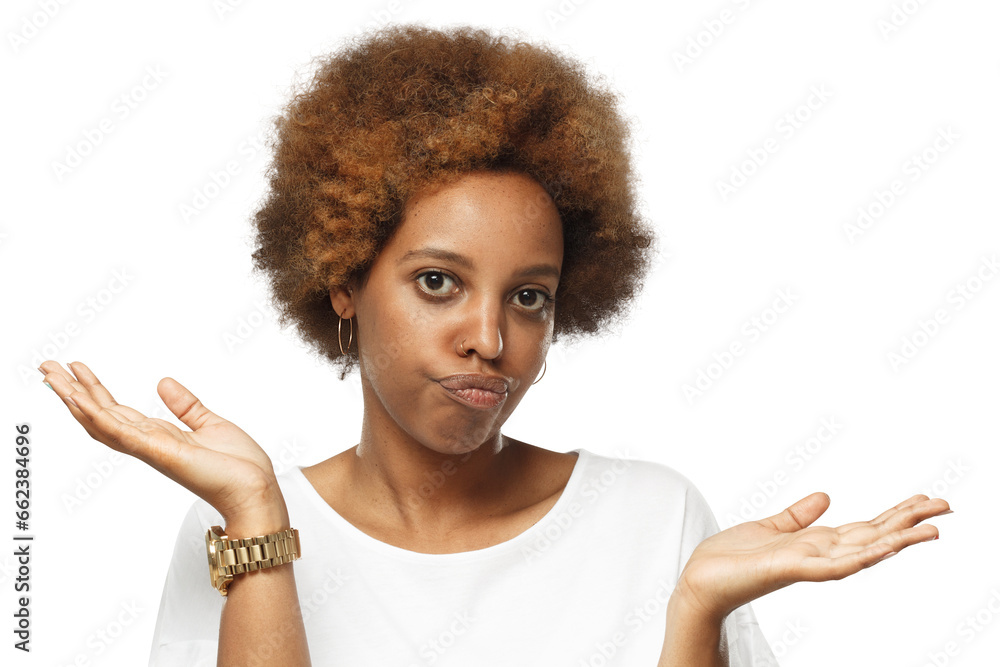 I don't know. Young black woman showing helpless gesture with hands, mouth curved as if he does not know what to do I don't know. Young black woman showing helpless gesture with hands, mouth curved as if he does not know what to do