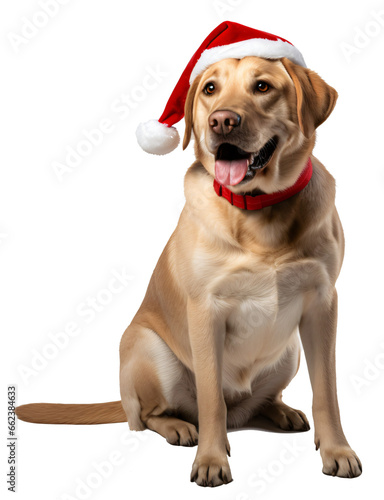 Labrador in a Christmas Santa hat  isolated on the transparent background PNG. 