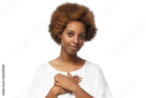 Kind and empathic african american woman showing kindness and love, ready to help and support photo