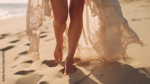 Aesthetic image of a beautiful woman's legs in boho dress on a sandy beach