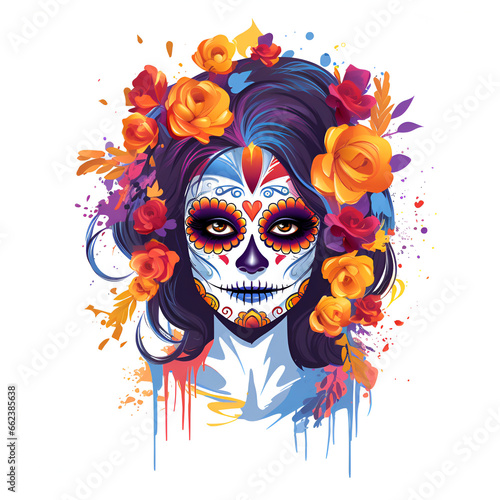 Cartoon Style Day of the Dead Lady Girl Makeup White Background Girl with Day of the Dead Makeup Painting Drawing 