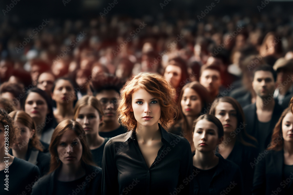 Portrait of young activist woman looking firm and confident in front of a crowd, horiaontal image, concept of activism, conquest, fight, rights - obrazy, fototapety, plakaty 