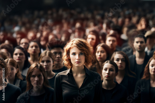 Portrait of young activist woman looking firm and confident in front of a crowd, horiaontal image, concept of activism, conquest, fight, rights