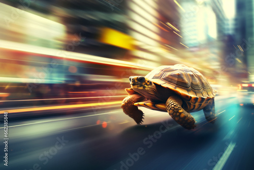 Surreal image of a turtle at full speed in the urban jungle, concept of perseverance, effort, achieving goals