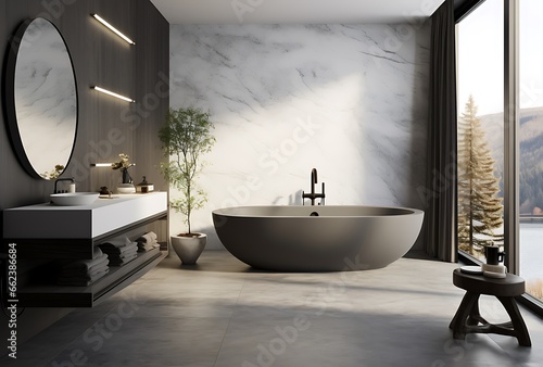 Interior of modern bathroom with white marble walls  concrete floor  comfortable bathtub and round mirror. 3d rendering