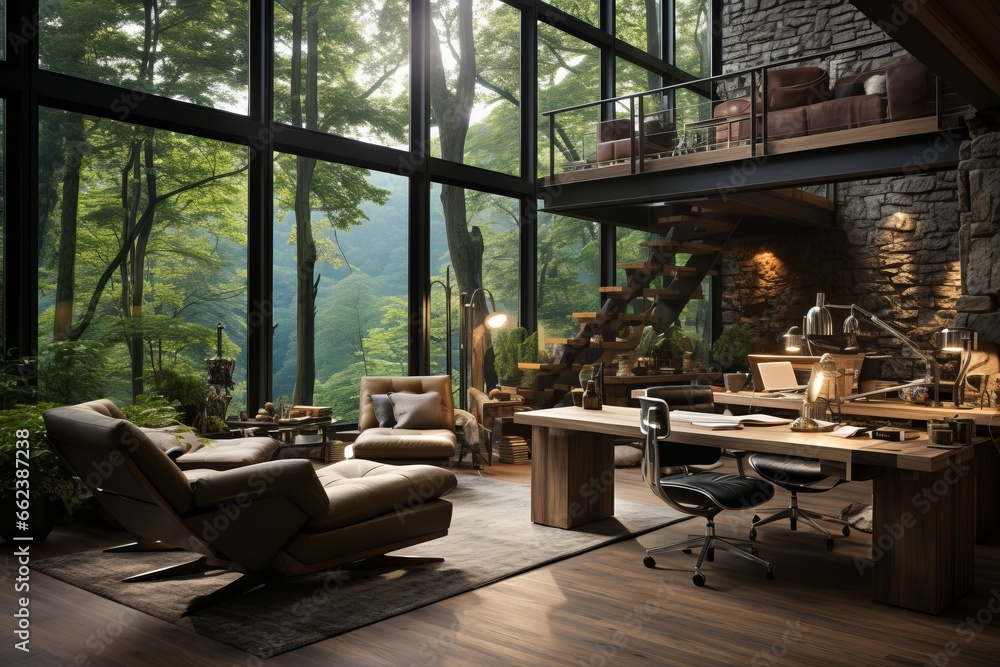office with natural wood, stone elements, and large windows overlooking a forest