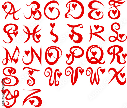 A red colored  freehand drawn vector  alphabet font with hearts and twirls