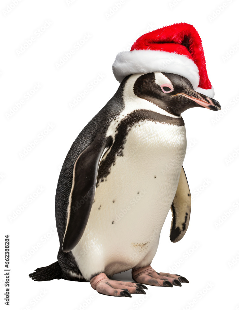 Fototapeta premium Penguin in a Christmas Santa hat isolated on the transparent background PNG.