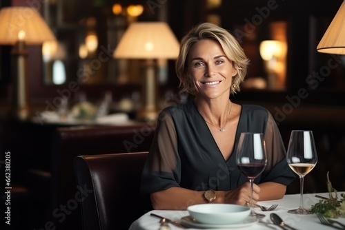 Mature Caucasian woman on date in an expensive restaurant. She holds a glass of red wine and looking at you. A romantic moment at a restaurant. Smiling woman looking at camera.