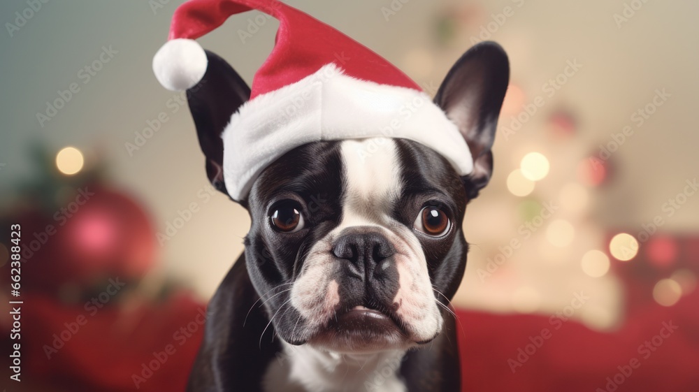 Adorable Boston Terrier Puppy named Poopsie wearing a Santa Hat and Sticking Out His Tongue against Christmas Background