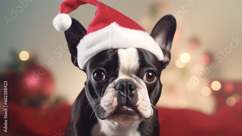 Adorable Boston Terrier Puppy named Poopsie wearing a Santa Hat and Sticking Out His Tongue against Christmas Background
