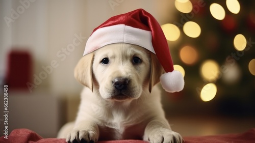 Adorable Christmas Labrador in Santa Hat with Blurred Festive Living Room Background