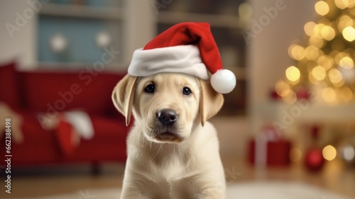 Adorable Christmas Labrador Sitting in Festive Living Room photo