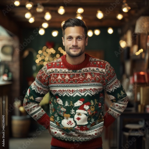 AI-Generated Ugly Christmas Sweater Greeting Card Frame Background with Festive Patterns and Motifs