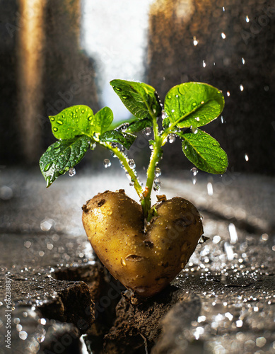 A heart-shaped potato plant emerges from a crevice in urban concrete, symbolizing nature's resilience photo