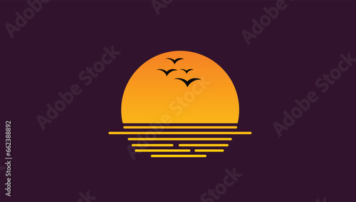 Vintage Retro Style Beach Sunset vector illustration. 