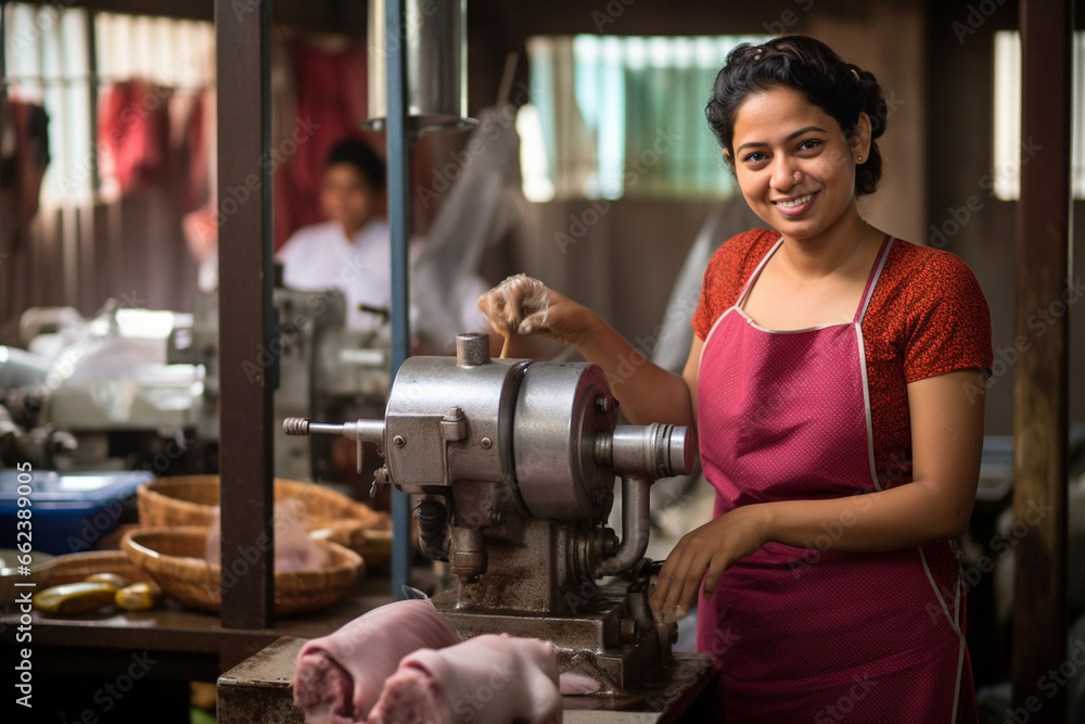 Against the backdrop of stainless steel equipment, a woman stands by the meat grinder, ensuring that it operates flawlessly while maintaining a cheerful and diligent demeanor. Against the backdrop of stainless steel equipment, a woman stands by the meat grinder, ensuring that it operates flawlessly while maintaining a cheerful and diligent demeanor.