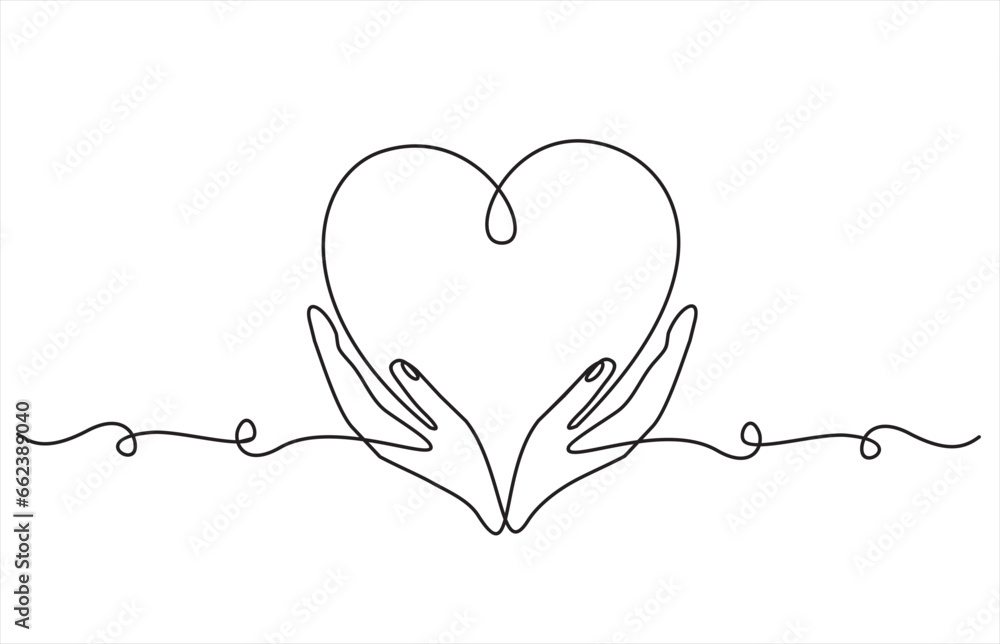 Continuous one line drawing hands holding heart. Charity donation linear concept. Vector isolated on white. Continuous one line drawing hands holding heart. Charity donation linear concept. Vector isolated on white.