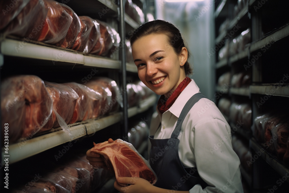 In the cold storage area, a woman with a smile carefully organizes and labels meat products, ensuring they are stored and retrieved with utmost precision. 