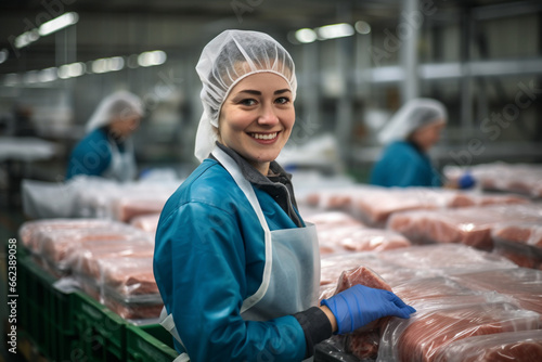 Within the processing plant, a woman donned in protective gear and a smile inspects meat packaging, assuring that it is sealed securely for distribution.  photo