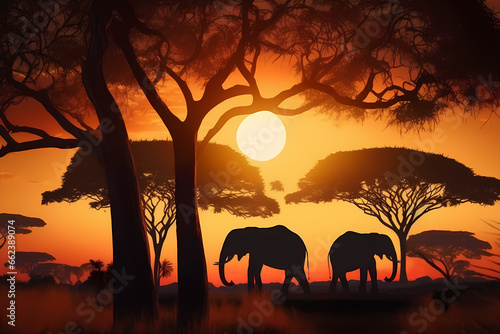 Elephant family in the evening savannah - silhouettes of elephants in the rays of the setting sun