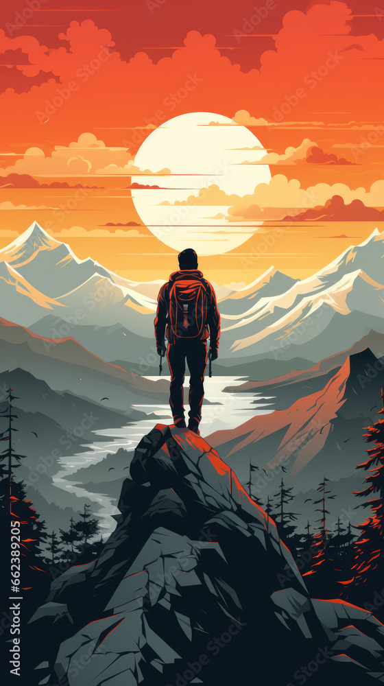 Traveler standing on top of a mountain, goal reached, active tourism and mountain travel, illustration Traveler standing on top of a mountain, goal reached, active tourism and mountain travel, illustration