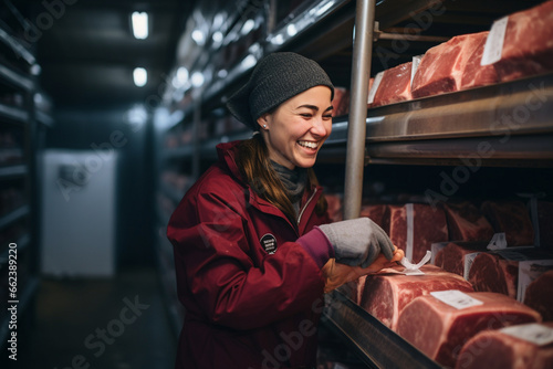In the cold storage area, a woman wearing a warm smile organizes and labels meat products with meticulous care, ensuring they are readily available for distribution. 