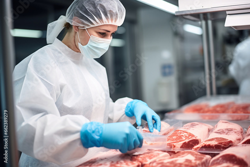 In the sterilized environment, a woman wearing gloves and a smile conducts microbiological tests on meat samples, furthering the plant's commitment to food safety. 