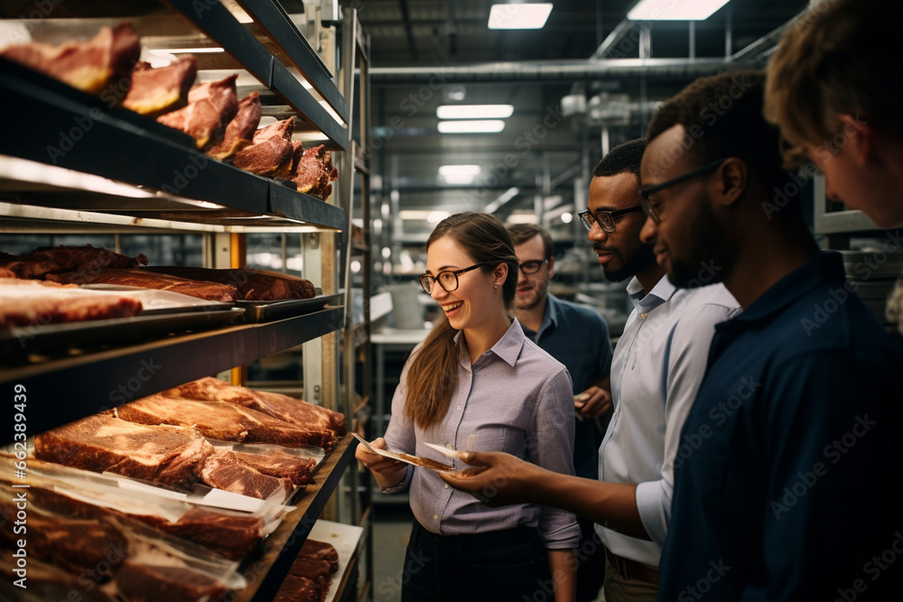 Surrounded by rows of spices and ingredients, a team of technologists smiles as they exchange thoughts on a recipe, working collaboratively to perfect the taste of meat products. 