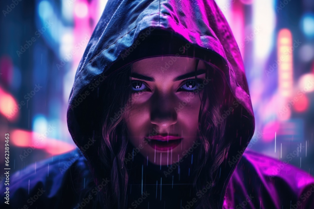 A woman wearing a hooded jacket standing in the rain. This image can be used to depict rainy weather or a person seeking shelter from the rain A woman wearing a hooded jacket standing in the rain. This image can be used to depict rainy weather or a person seeking shelter from the rain