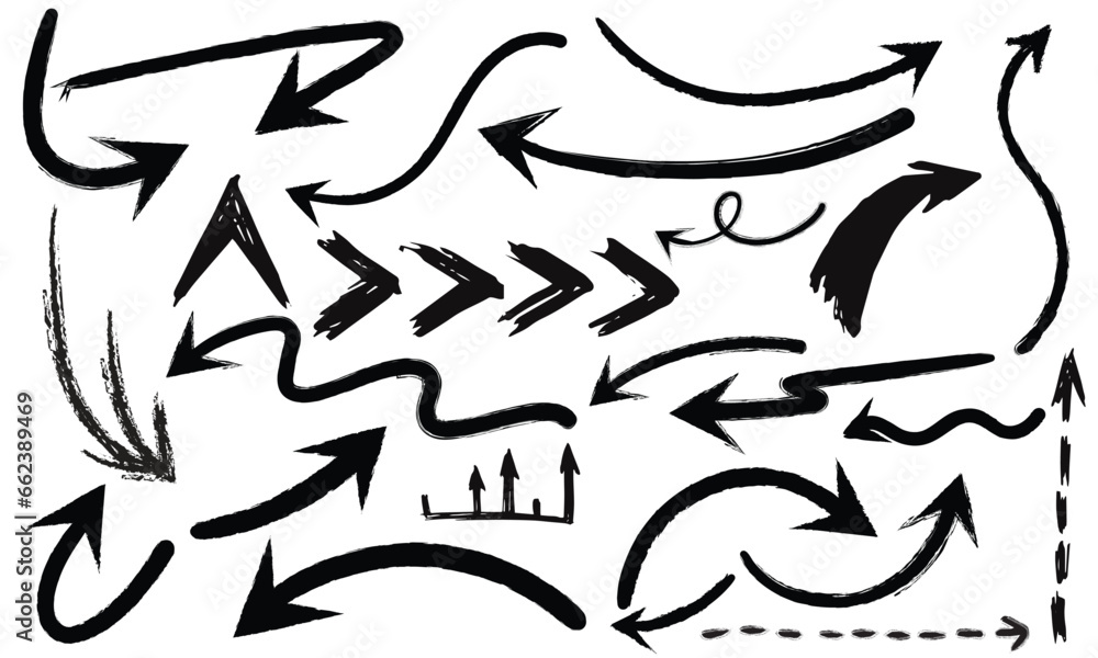Fototapeta premium Charcoal arrows vector icons set. Hand drawn freehand different curved lines, swirls arrows. Doodle marker drawing, black chalk smears. Direction pointers. Scribbles and scrawls.