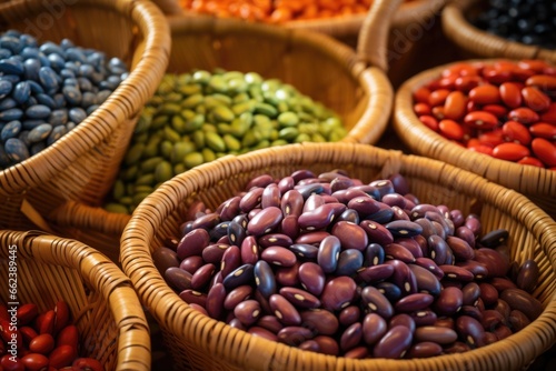 A collection of different types of beans displayed in baskets on a table. This versatile image can be used to depict healthy eating, cooking, grocery shopping, or agriculture
