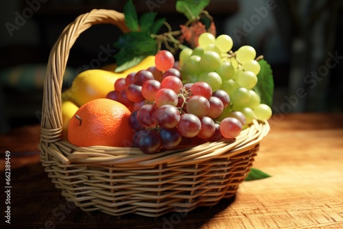 A basket of various fruits placed on top of a sturdy wooden table. This image can be used to depict a healthy lifestyle  fresh produce  or a farm-to-table concept