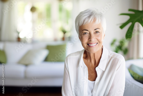 Elegant beautiful senior woman in her cozy living room, exemplifying a life of well-being and happiness