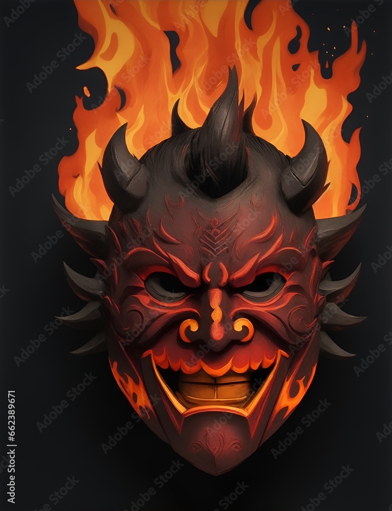 Demon or devil mask. Decorative digital sculpture. Picturesque portrait. Wall mural, poster or picture for home. Generative AI.