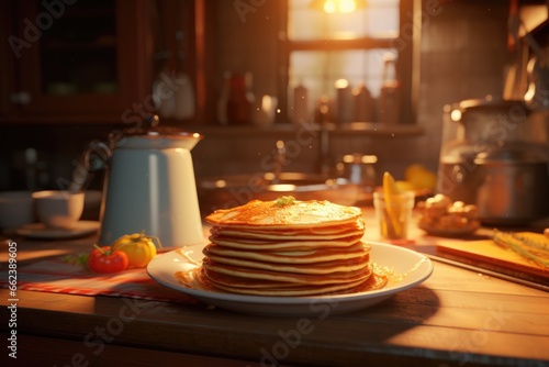 A stack of pancakes sitting on top of a white plate. Can be used to illustrate breakfast, brunch, or food concepts.