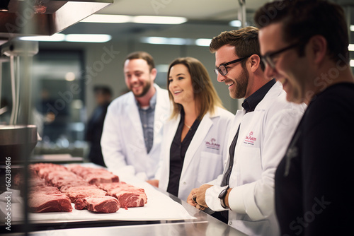 Within the tasting lab, a group of technologists tastes and evaluates a recipe, each individual's smile mirroring their dedication to creating exceptional meat products.  photo