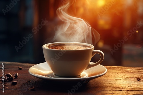 A hot cup of coffee with steam rising out of it. Perfect for showcasing the warmth and comfort of a morning ritual. Suitable for use in coffee shop promotions, lifestyle blogs, and cozy home decor.