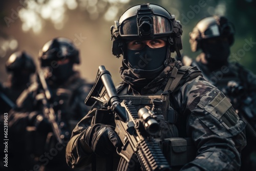 A picture of a group of soldiers wearing helmets and goggles. This image can be used to illustrate military training, teamwork, or combat scenarios.