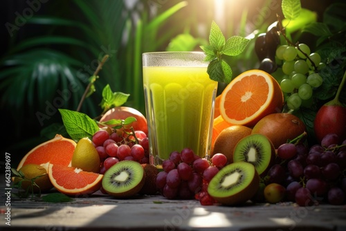 A refreshing glass of orange juice surrounded by a variety of fresh and vibrant fruits. Perfect for illustrating healthy eating  breakfast  or a refreshing summer drink.