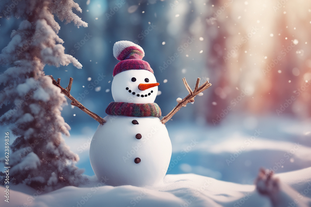 Obraz premium A little snowman in a knitted hat and scarf smiles