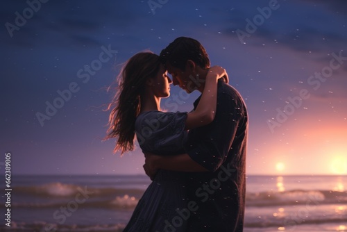 A picture of a man and a woman embracing on the beach. This image can be used to depict love, romance, vacation, or relaxation