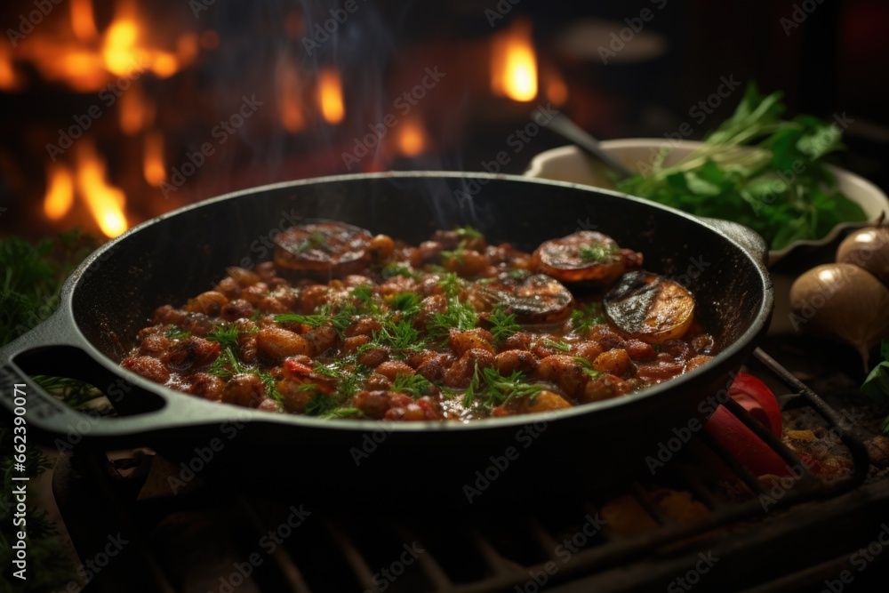 A delicious dish of beans and vegetables cooking on a grill. Perfect for outdoor barbecues and summer cookouts A delicious dish of beans and vegetables cooking on a grill. Perfect for outdoor barbecues and summer cookouts
