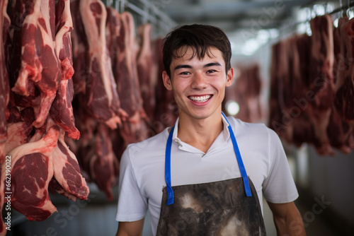 Amidst a sea of hanging meat cuts, a male deboner smiles confidently, showcasing his proficiency in extracting bone from meat with finesse at the processing plant. 