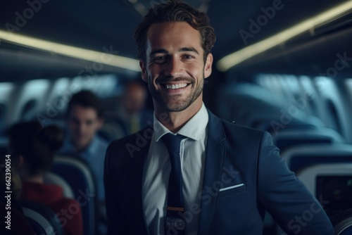 A man in a suit and tie sitting on a plane. Perfect for business travel or corporate concepts