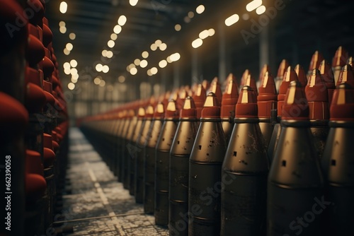 A row of fire extinguishers lined up in a factory. This image can be used to illustrate workplace safety and fire prevention photo